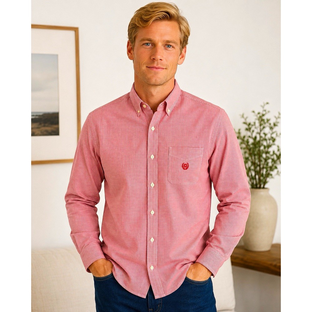 Chaps Mens Gingham Houndstooth Button Down Long Sleeve Shirt Red White L